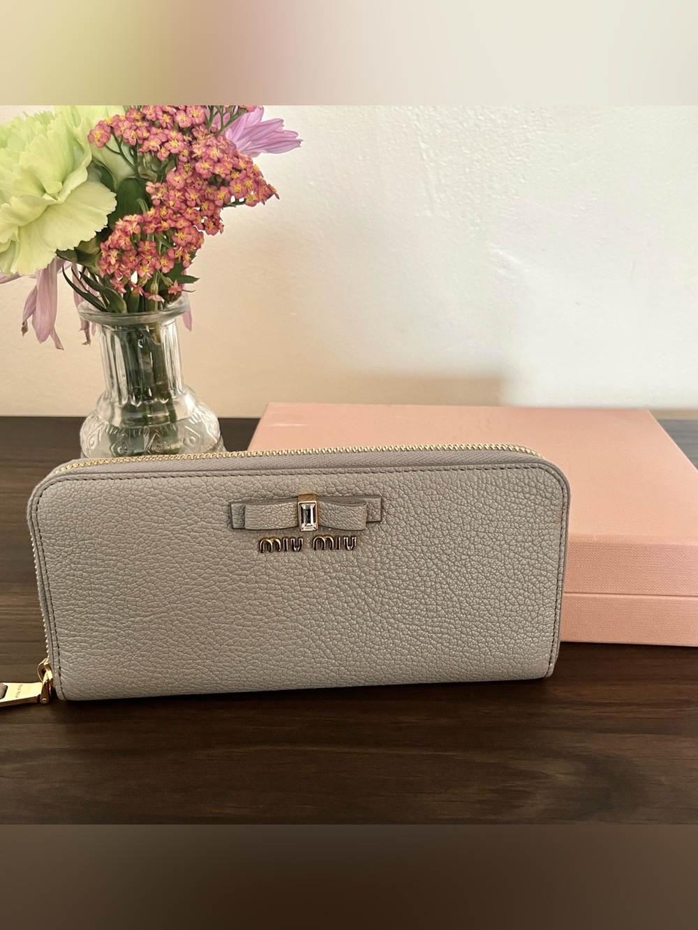 Miu Miu Gray Pebbled Leather Wallet with Bow